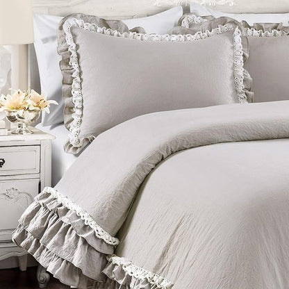 Lush Decor Ella Ruffle Lace Comforter, 3 Piece Set, King, Light Gray - Cute Comforter - King Bedding Set - Gray Bedding - Coquette Decor - Ruffle Trim - Lace Trim