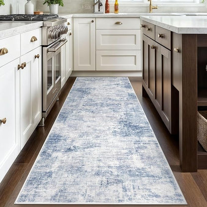 IOHOUZE Abstract Runner Rug 3x8 Ft Washable Runners for Hallways, Non Slip Kitchen Runner Printed Faux Wool Entryway Runner Indoor, Modern Abstract Floor Carpet for Hall Bedroom, Light Blue White