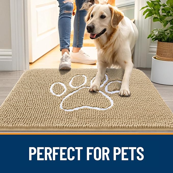 OLANLY Dog Door Mat for Muddy Paws 59x35, Paw Print Design, Absorbs Moisture and Dirt, Absorbent Non-Slip Washable Doormat, Quick Dry Chenille Mud Mat for Dogs, Entry Indoor Entryway Carpet, Beige