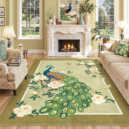 Lahome Peacock Washable Rugs 5x7, Soft 5x7 Rugs for Living Room Bedroom, Floral Vintage Non-Slip Low Pile Stain Resistance Carpet for Farmhouse Dining Room Office, Beige