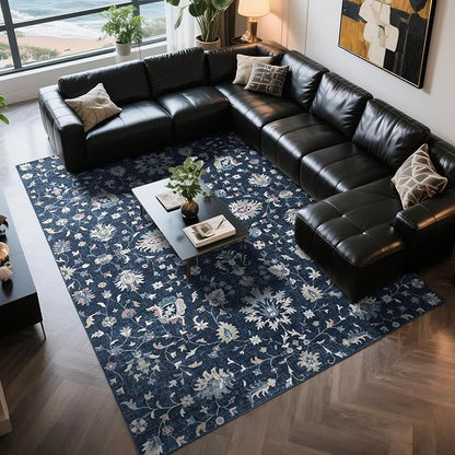 Washable Rugs 8x10 Area Rugs for Living Room,Bedroom,Dining Room- Soft Low Pile Stain-Resistant Carpet with Non-Slip Rubber Backing,Vintage Large Area Rug for Nursery Home Office Decor