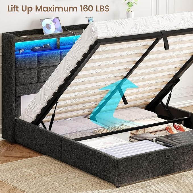 Lift Up Queen Bed Frame with Storage, Upholstered Bed Frame Queen Size with LED Lights Headboard and Charging Station, No Box Spring Needed, Easy Assembly - Dark Grey