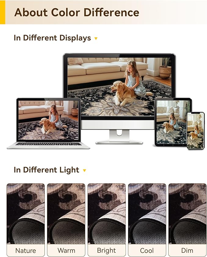 Area Rugs 3'x6' Washable Non-Slip, Floral Vintage Distress Print Pattern Medallion Carpet for Living Room Bedroom Dining Room, Black Brown Neutral Dark Tan