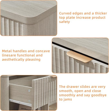 LEYAOYAO 23" Wide Fluted Farmhouse Night Stand Set of 2 with Charging Station, 1 Drawers Large End Table w/Metal Handle, LightGrey Nightstand Bedside Table,Wood Dresser for Bedroom, Closet