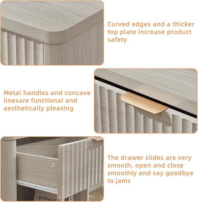 LEYAOYAO Fluted Farmhouse Nightstand Set of 2 with Charging Station, 23" Wide 1 Drawers Night Stand,LightGrey Dresser for Bedroom,Bed Side Table Chest of Drawers,Wood End Table for Living Room