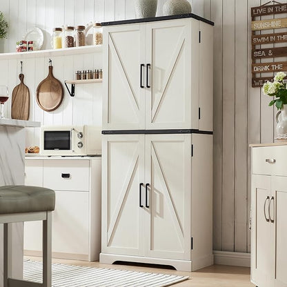 ACCOHOHO 72" Tall Kitchen Pantry, Farmhouse Storage Cabinet with Barn Doors, Organizer, Drawer and Adjustable Shelves, Rustic Wood Cupboard for Kitchen, Dining Room, Bathroom, Off White | Barn Doors, Organizer, Drawer, Adjustable Shelves, Cupboard