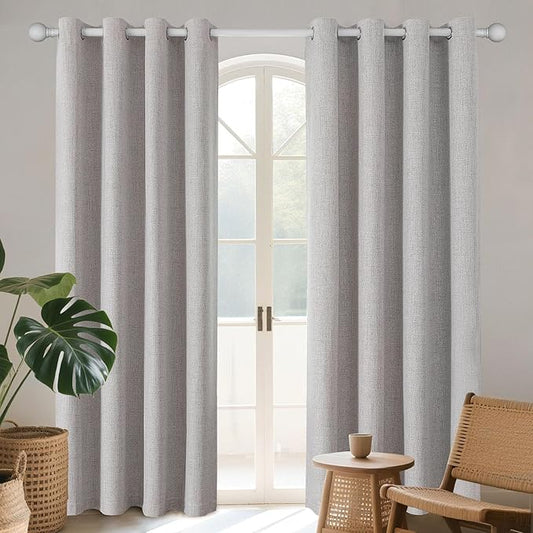 Joydeco 100% Blackout Linen Curtains 90 Inches Long 2 Panels, Thermal Insulated Burlap Curtain & Drapes, Grommet Room Darkening Textured Curtains for Bedroom Living Room (52x90 inch,Greyish White)