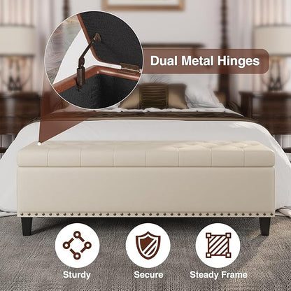 Storage Ottoman Bench,51-Inch Large Storage Bench for Bedroom End of Bed, 30 Gallons Faux Leather Ottoman with Storage for Bedroom, Living Room, Entryway, Cream White
