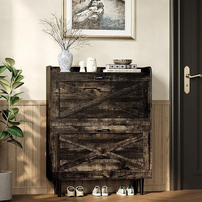 VINGLI Shoe Storage Cabinet for Entryway with 2 Flip Drawers, Ultra Slim Freestanding Entryway Shoe Organizer with Wood Tapered Legs,Hidden Closed Shoe Rack,31.6"W * 9.4"D * 39.4"H, Dark Rustic Oak