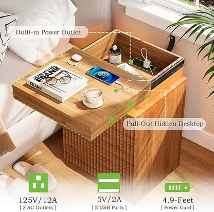 Nightstands Set of 2 with Charging Station & LED Lights, Modern Small Fluted Bedside & End Tables with 3 Drawers, Sliding Top & Hidden Storage, Wooden Farmhouse Night Stand for Bedroom Office,Walnut