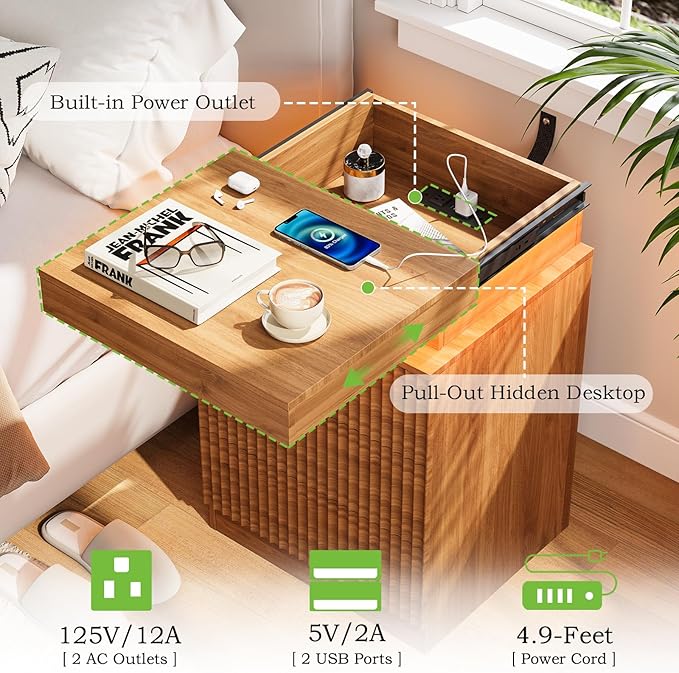 Nightstand with Charging Station & LED Lights, Small Modern Fluted Bedside & End Table with 3 Drawers, Sliding Top & Hidden Storage, Wooden Farmhouse Night Stand for Bedroom Office or Sofa, Walnut