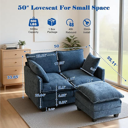 Loveseat Sofa with Ottoman, 50'' Modern L-Shape Cloud Couch Sofa Loveseat with 22'' Ottoman for Small Space/Apartment/Office/Living Room 8834-BLUE-L