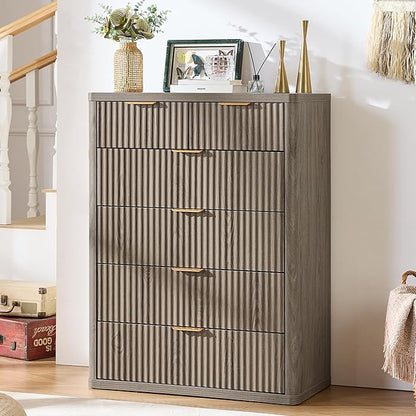 LEYAOYAO Fluted 6 Drawers Dresser for Bedroom Set of 2, 42" Tall Modern Chest of Drawers with Metal Handle, Curved Profile Design,Grey Wood Drawer Organizer for Bedroom, Living Room, Hallway