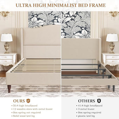 koorlian Full Size Bed Frame Upholstered Platform Bed with 51" Tall Headboard Wingback, Soft Fabric, Retro Simple Style Platform Bed No Box Spring Needed, Easy Assembly, Beige