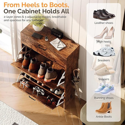 VINGLI Shoe Cabinet Storage for Entryway Ultra Slim with 2 Flip &1Drop-Down Drawers, 24.8" W Narrow Shoe Cabinet for Front Door Entrance,Freestanding Rustic Brown Wood Shoes Organizer for Hallway
