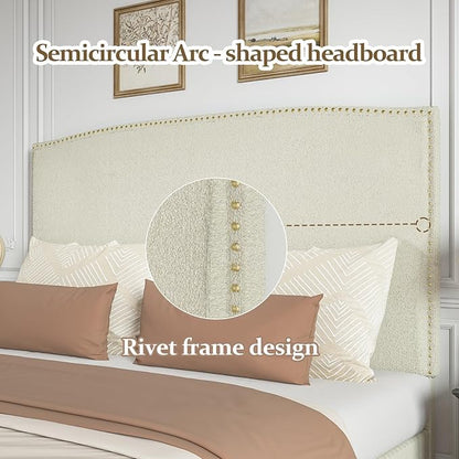 King Size Bed Frame with Upholstered Headboard, 56" Modern Platform Bed, Soft Boucle Fabric & Gold Nailhead Trim, No Box Spring Required, Cream
