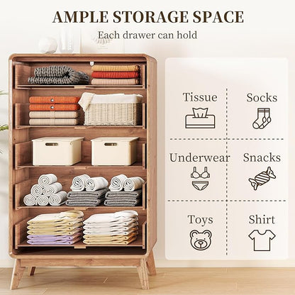 50" Tall Dresser for Bedroom, Vertical Dressers with 5 Drawers and Curved Profile Handleless Design, Chest of Drawers with Natural Texture for Living Room, Hallway and Entryway,Walnut