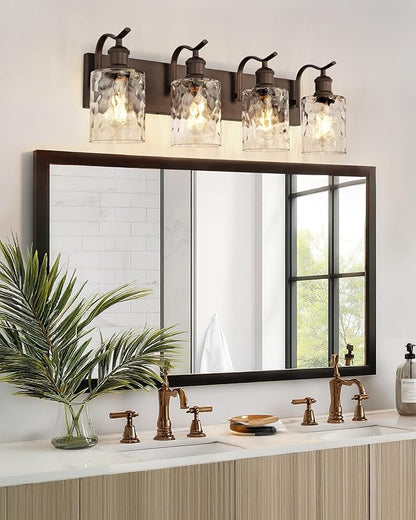 Bathroom Vanity Light Fixtures 4-Light Hammered Glass Modern Wall Mounted Over Mirror Oil Rubbed Bronze - VL01ORBH-4