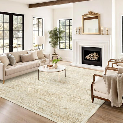 Washable Area Rug 10x14, Large Soft Rugs for Living Room Vintage Beige Rug 10x14 Area Rugs for Bedroom Dining Room Floral Non-Slip Thin Rug