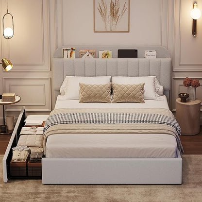 Jojoka Queen Bed Frame with Storage Headboard and 2 Drawers, Boucle Upholstered Platform Bed, Modern Girls Bed Frames for Rooms, No Box Spring Needed, Easy Assembly, Grey