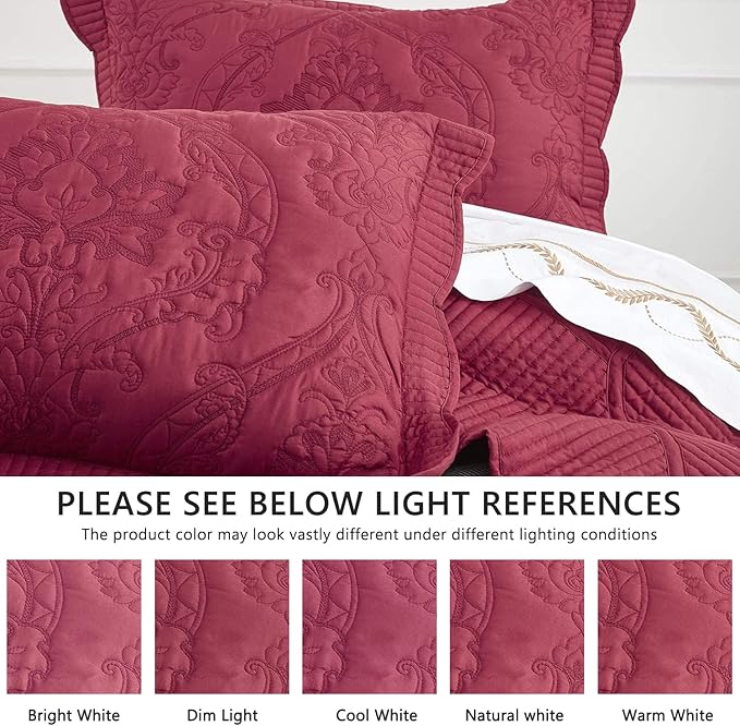 CHIXIN Bedspread Coverlet Quilt Set Full Size - Lightweight Bedding Cover - Beautiful Stitching - 5 Piece Reversible Bedspread - Gorgeous Damask Paisley Pattern (Full, Wine Red)