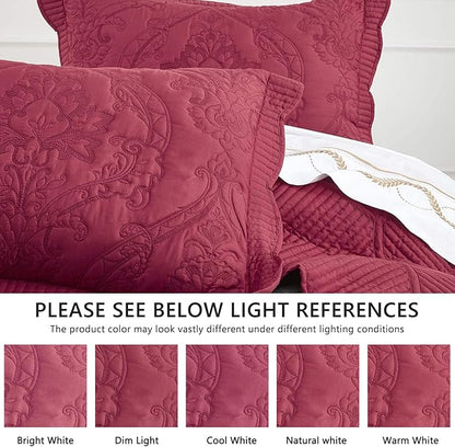CHIXIN Oversized Bedspread Coverlet Set King Size - Lightweight Bedding Cover - Beautiful Stitching - 5 Piece Reversible Bedspread - Gorgeous Damask Paisley Pattern (King, Wine Red)