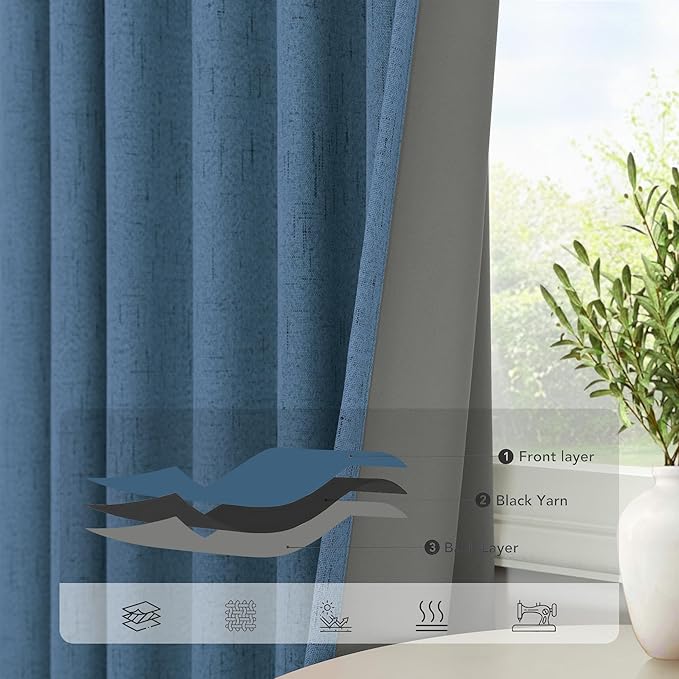 Denim Blue Living Room Darkening Curtains 72 Inches Long 2 Panels Set Faux Linen Cute Black Out Window Drapes for Bedroom Insulated Thermal Curtain for Summer Heat Winter Breakfast Nook 52x72 Length