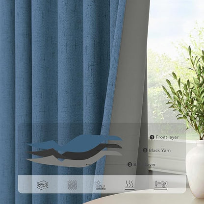 Denim Blue Living Room Black Out Curtains 63 Inch Long Insulated Thermal Darkening Kitchen Drape for Windows Over Sink Boho Linen Textured Blackout Curtain for Dining Room Kids Bedroom Basement Office