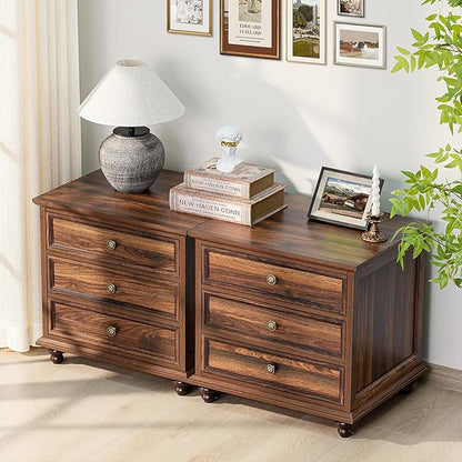 24" Wide Farmhouse Night Stand,Large End Table with 3 Drawers & Metal Handle,Dresser for Bedroom, Wood Bed Side Table Chest of Drawers Cabinet, Retro Brown Nightstand for Living Room,Closet