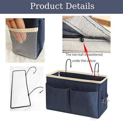 Someteth Bedside Caddy Bedside Hanging Storage Basket Multi-Function Organizer Caddy for Bunk and Hospital Beds Dorm Rooms Bed Rails, Can be Placed Glasses Books Mobile Phones（Navy Blue）
