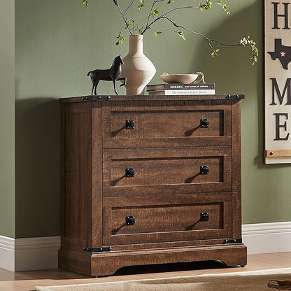 T4TREAM 32" Farmhouse Nightstand with Charging Station, Large End Table with 3 Storage Drawers, Rustic Wood Bedside Table for Bedroom, Living Room, Reclaimed Barnwood Color