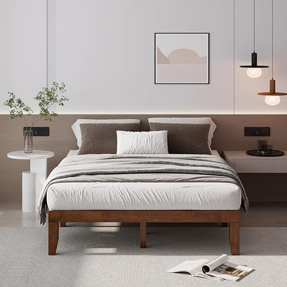 Giantex 14 Inch Queen Wood Platform Bed Frame, Minimalist Style Mattress Foundation with Solid Rubber Wood, Heavy Duty Slat Support, Without Headboard, Easy Assembly, No Box Spring Needed, Walnut