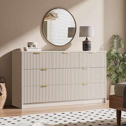 Beige 7 Drawer Dresser for Bedroom, 55.9" Wide Modern Fluted Dresser with Gold Metal Handles, Wide Chest of Drawers for Bedroom, Living Room, Entryway, Hallway