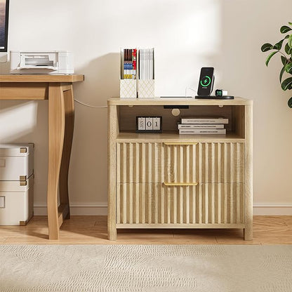 CypBed Night Stand with Charging Station, Bedside Tables with 2 Drawers & Storage Shelf, Wood Fluted Nightstand with Rounded Corner Design, Modern End Table for Bedroom, Easy Assembly
