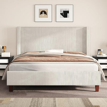 AMERLIFE Queen Size Upholstered Bed Frame with 50.8" Tall Headboard, Wingback Platform Bed with Solid Wood Legs, Wooden Slats, Corduroy/No Box Spring Needed/Noise Free/Cream