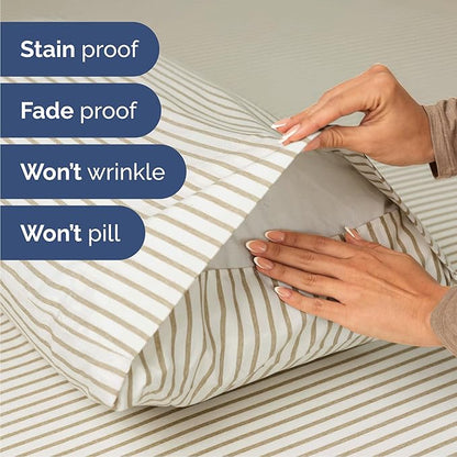 Queen 6 Piece Sheet Set - Cooling, Comfy & Breathable - Hotel Luxury Bedding, Includes Fitted Sheet for Women, Men, Kids & Teens - 1 Flat, 1 Fitted Sheet, 4 Pillowcases w/Deep Pockets - Beige Stripes