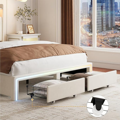 Full LED Bed Frame with Storage Headboard & Charging Station, Velvet Fabric Platform Bed Frames with 4 Drawers, Button Tufted Upholstered, No Box Spring Needed, Beige