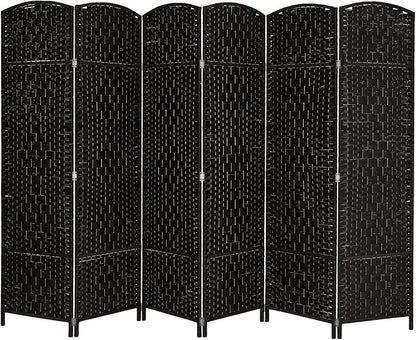 VINGLI 6-Panels Tall Rattan Room Divider, 6 FT Folding Privacy Screen, Indoor Partition Wall Dividers, Freestanding Hinged Space Separator (Black)