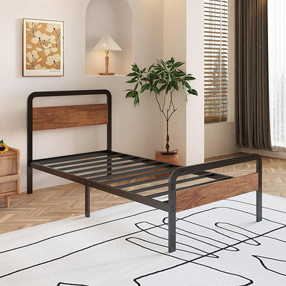12 Inch Twin Bed Frames with Wooden Headboard and Footboard, No Box Spring Needed, Heavy Duty Metal Mattress Foundation, Noise Free, Easy Assembly, Black