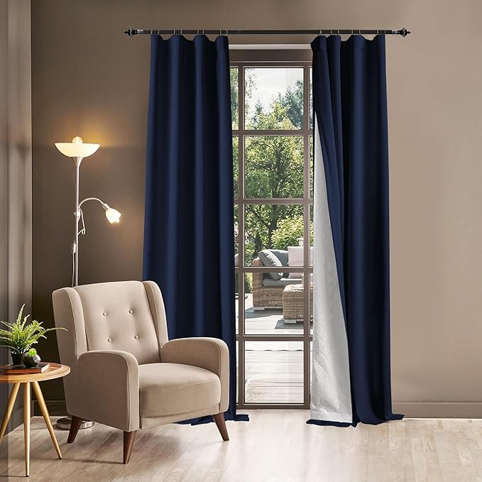 Soundproof 100% Blackout Curtains 80 inches, 3 Layers Thermal Insulated Back Tab Drapes for Door Window Nursery Divider Living Room, with Pin Hooks Navy Blue 50x80 Inch 1 Panel