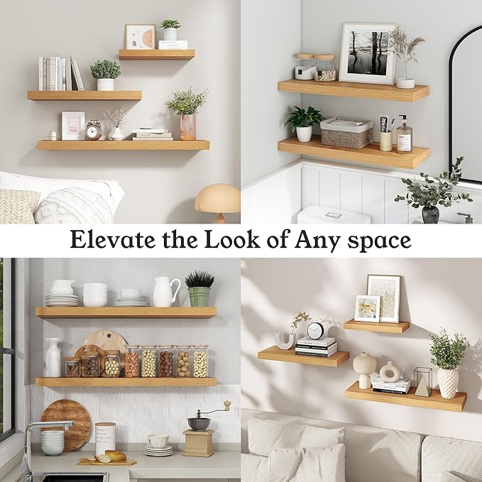 Floating Shelves for Wall, 9.3" Deep Wall Mounted Wood Shelves for Bathroom, Bedroom, Living Room, Kitchen, Hanging Shelf for Books/Storage/Room Decor (Oak, 48")