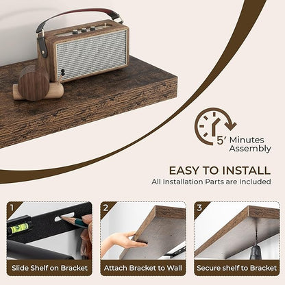 RICHFOCUS 40Inch Floating Shelves for Wall 2 Pack Shelves for Bedroom|Kitchen|Bathroom Wall Mounted Rustic Wood Floating Shelf with Invisible Brackets for Books|Storage|Decor, Rustic Brown