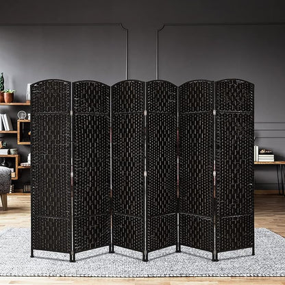 VINGLI 6-Panels Tall Rattan Room Divider, 6 FT Folding Privacy Screen, Indoor Partition Wall Dividers, Freestanding Hinged Space Separator (Black)