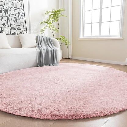 Amazon Basics Fluffy Washable Round Area Rug, Circle Shaggy Carpet for Living Room, Bedroom, Nursery, 5'R, Pink