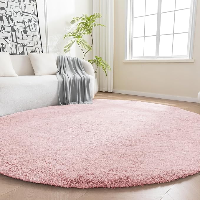 Amazon Basics Fluffy Washable Round Area Rug, Circle Shaggy Carpet for Living Room, Bedroom, Nursery, 8'R, Pink
