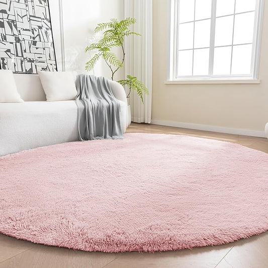 Amazon Basics Fluffy Washable Round Area Rug, Circle Shaggy Carpet for Living Room, Bedroom, Nursery, 6'R, Pink