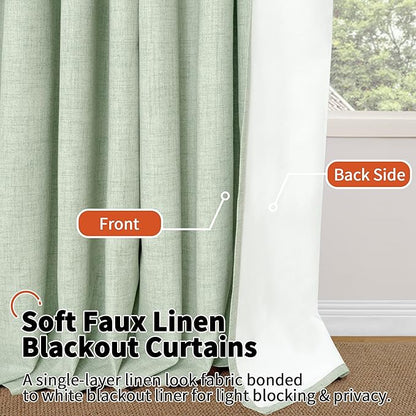 Sage Green Blackout Curtains for Bedroom - Linen Curtains 45 Inch Length Thermal Insulated Privacy Burlap Boho Window Drapes for Basement Scandi Farmhouse Nursery, 2 Panels, Each 52" Wide
