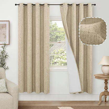 Blackout Living Room Curtains 72 Inch Long 2 Panels, Textured Black-Out Faux Linen Curtains for Bedroom Light Blocking, Bronze Grommet Thermal Insulated Window Drapery, Each 52" Wide, Burlap