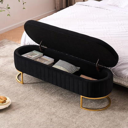 Velvet Storage Bench for Bedroom, Modern Tufted End of Bed Bench for King Size Bed, Upholstered Long Ottoman Bench with Gold Legs for Living Room/Entryway (Black, 55" Wide)