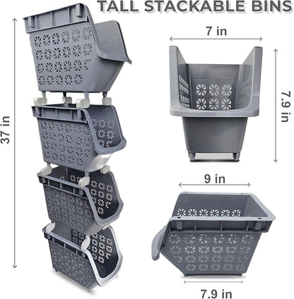 TidyFriend 4 Tier Stackable Storage Bins for Pantry with Wheels, Stackable Bins for Organizing Food, Kitchen, and Bathroom Essentials (Grey)